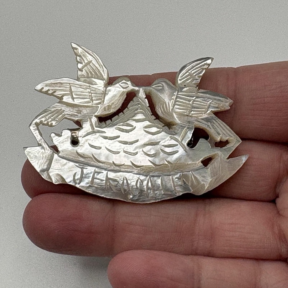 Vintage Mother of Pearl Brooch Doves Peace Jerusalem Hand Carved